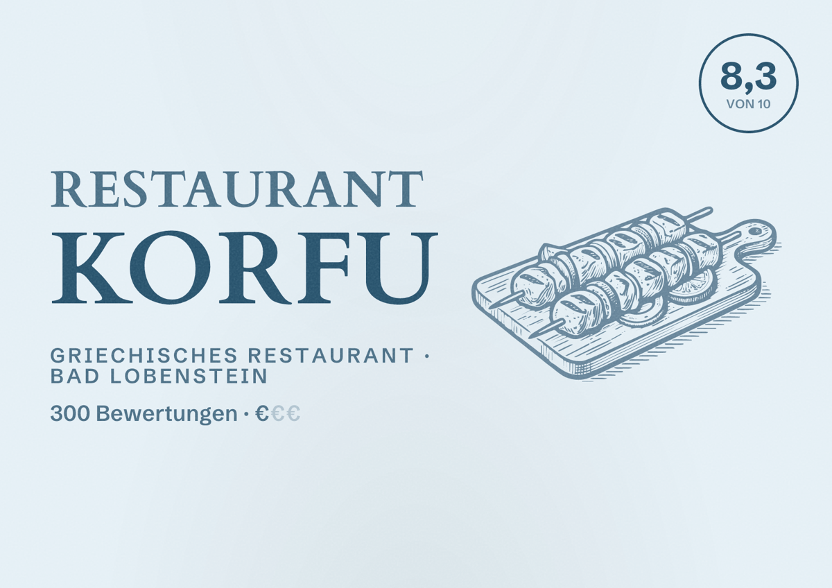 Illustriertes Poster von Restaurant Korfu, Griechisches Restaurant in Bad Lobenstein: Bewertung 8,3 von 10 aus 300 Bewertungen, Preisniveau €