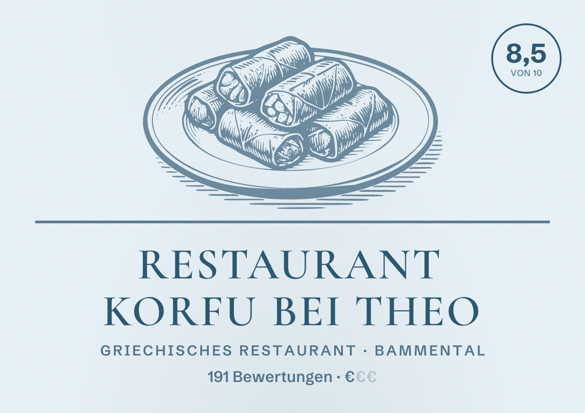 Illustriertes Poster von Restaurant Korfu bei Theo, Griechisches Restaurant in Bammental: Bewertung 8,5 von 10 aus 191 Bewertungen, Preisniveau €