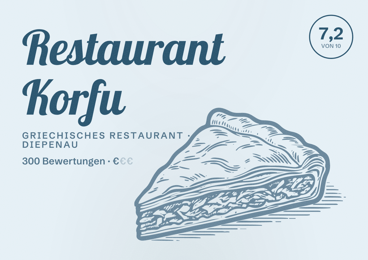 Illustriertes Poster von Restaurant Korfu, Griechisches Restaurant in Diepenau: Bewertung 7,2 von 10 aus 300 Bewertungen, Preisniveau €