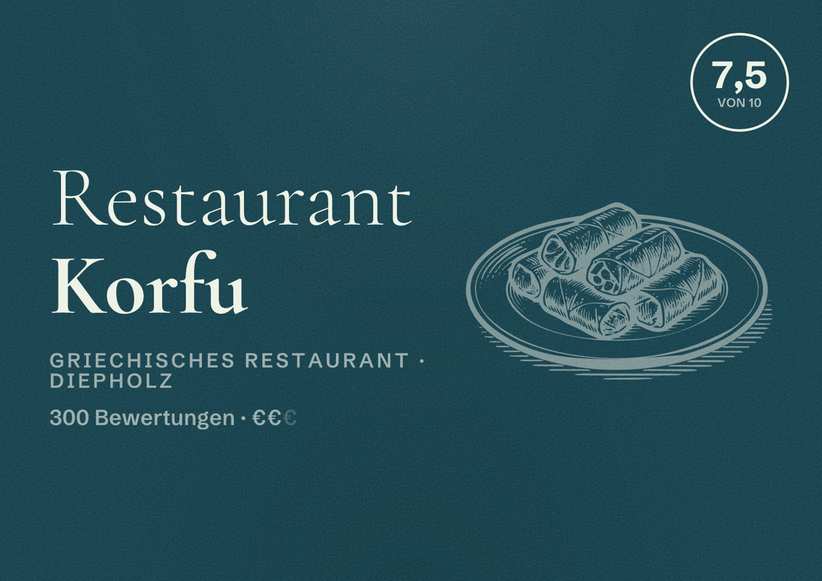 Illustriertes Poster von Restaurant Korfu, Griechisches Restaurant in Diepholz: Bewertung 7,5 von 10 aus 300 Bewertungen, Preisniveau €€