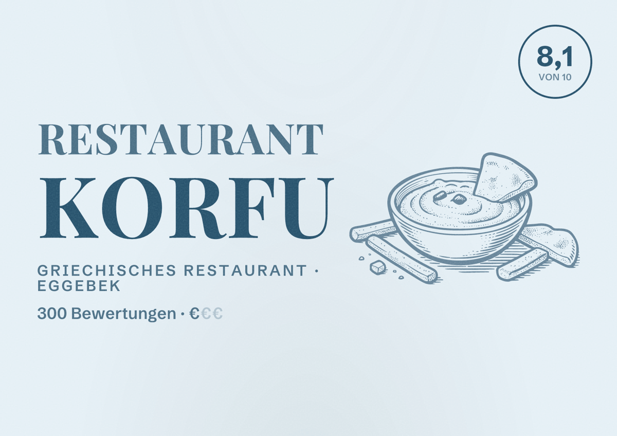Illustriertes Poster von Restaurant Korfu, Griechisches Restaurant in Eggebek: Bewertung 8,1 von 10 aus 300 Bewertungen, Preisniveau €