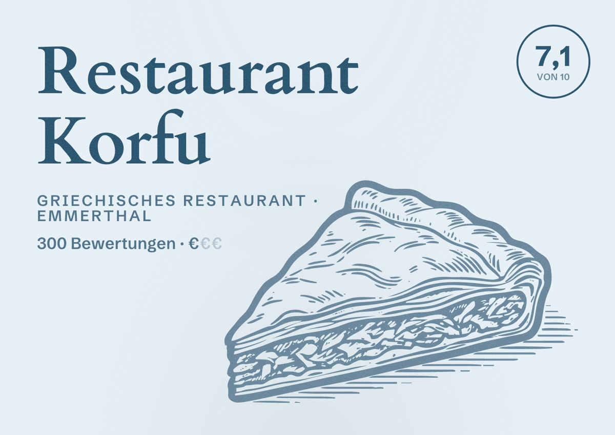 Illustriertes Poster von Restaurant Korfu, Griechisches Restaurant in Emmerthal: Bewertung 7,1 von 10 aus 300 Bewertungen, Preisniveau €