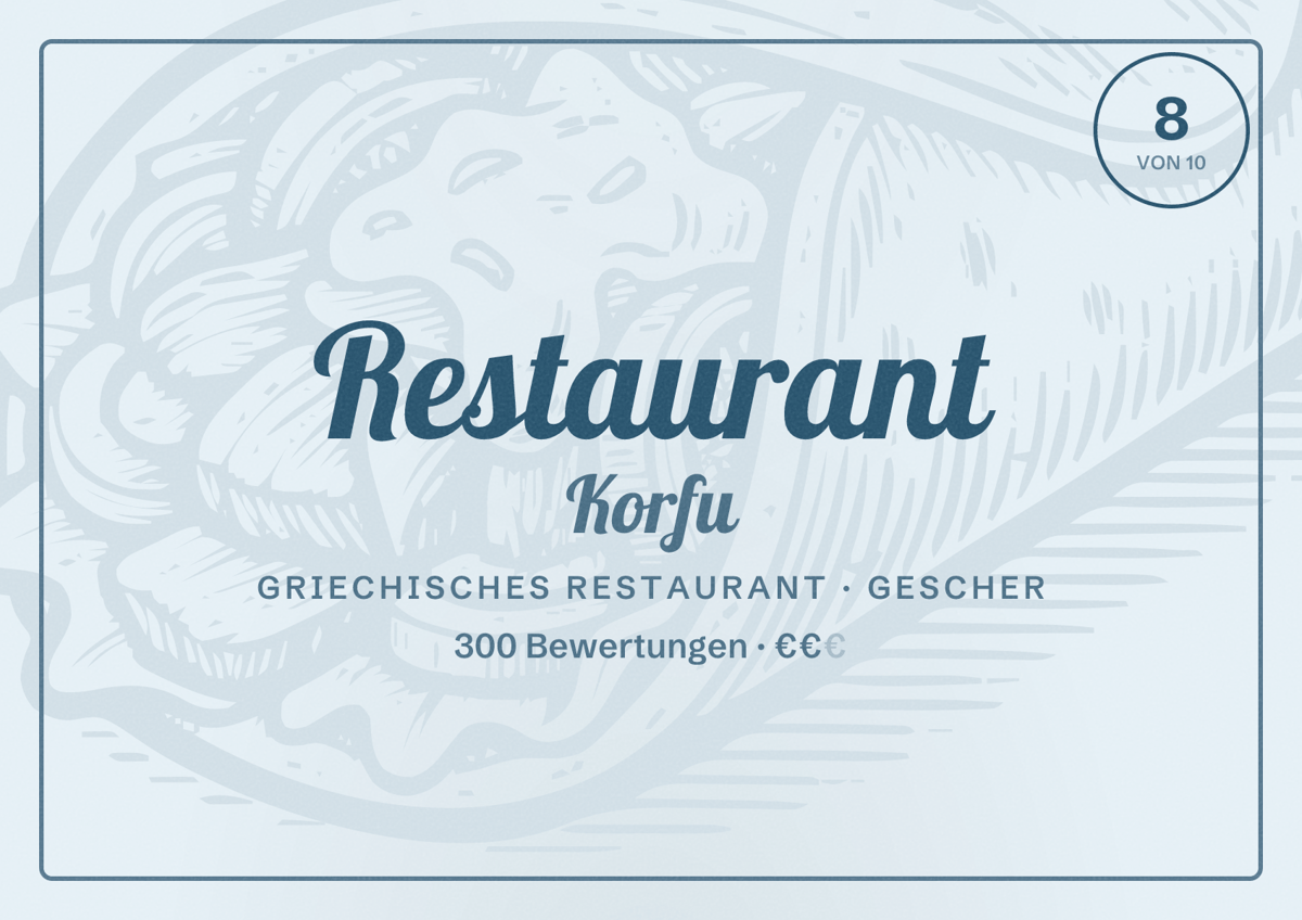 Illustriertes Poster von Restaurant Korfu, Griechisches Restaurant in Gescher: Bewertung 8 von 10 aus 300 Bewertungen, Preisniveau €€