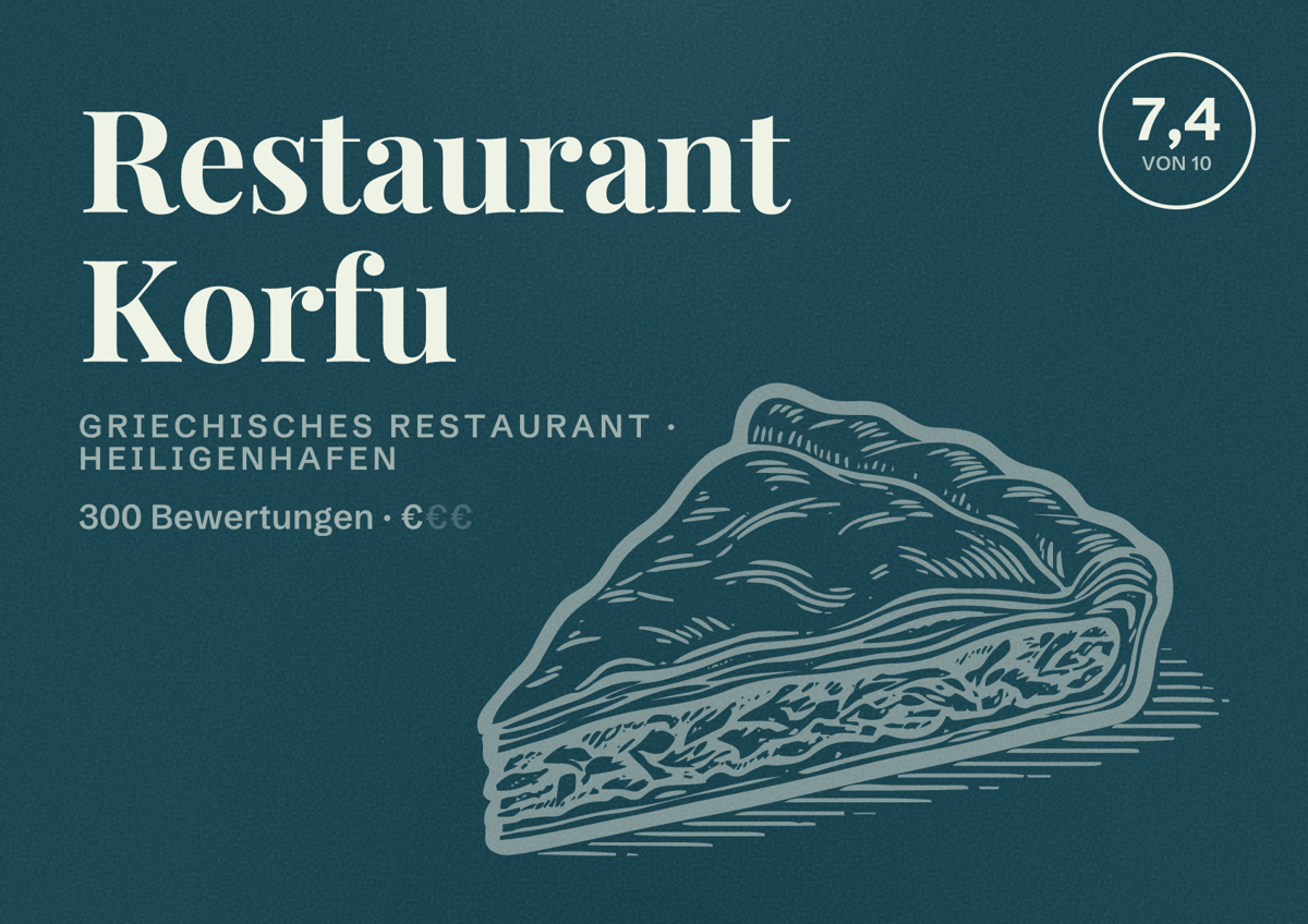 Illustriertes Poster von Restaurant Korfu, Griechisches Restaurant in Heiligenhafen: Bewertung 7,4 von 10 aus 300 Bewertungen, Preisniveau €