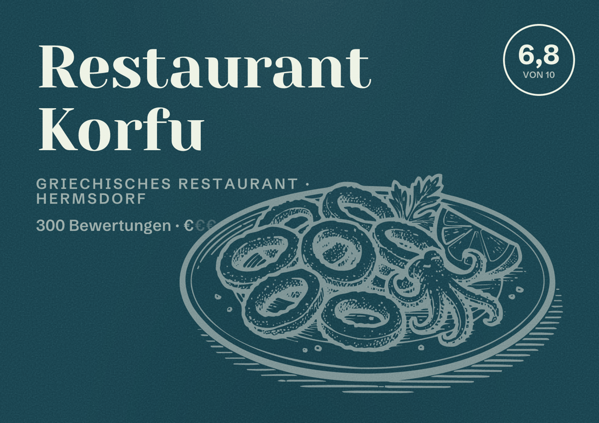 Illustriertes Poster von Restaurant Korfu, Griechisches Restaurant in Hermsdorf: Bewertung 6,8 von 10 aus 300 Bewertungen, Preisniveau €