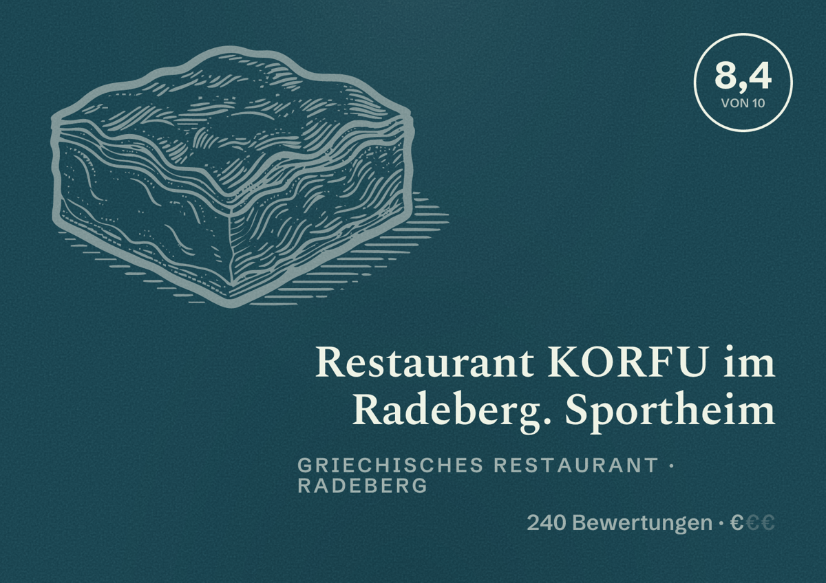 Illustriertes Poster von Restaurant KORFU im Radeberg. Sportheim, Griechisches Restaurant in Radeberg: Bewertung 8,4 von 10 aus 240 Bewertungen, Preisniveau €
