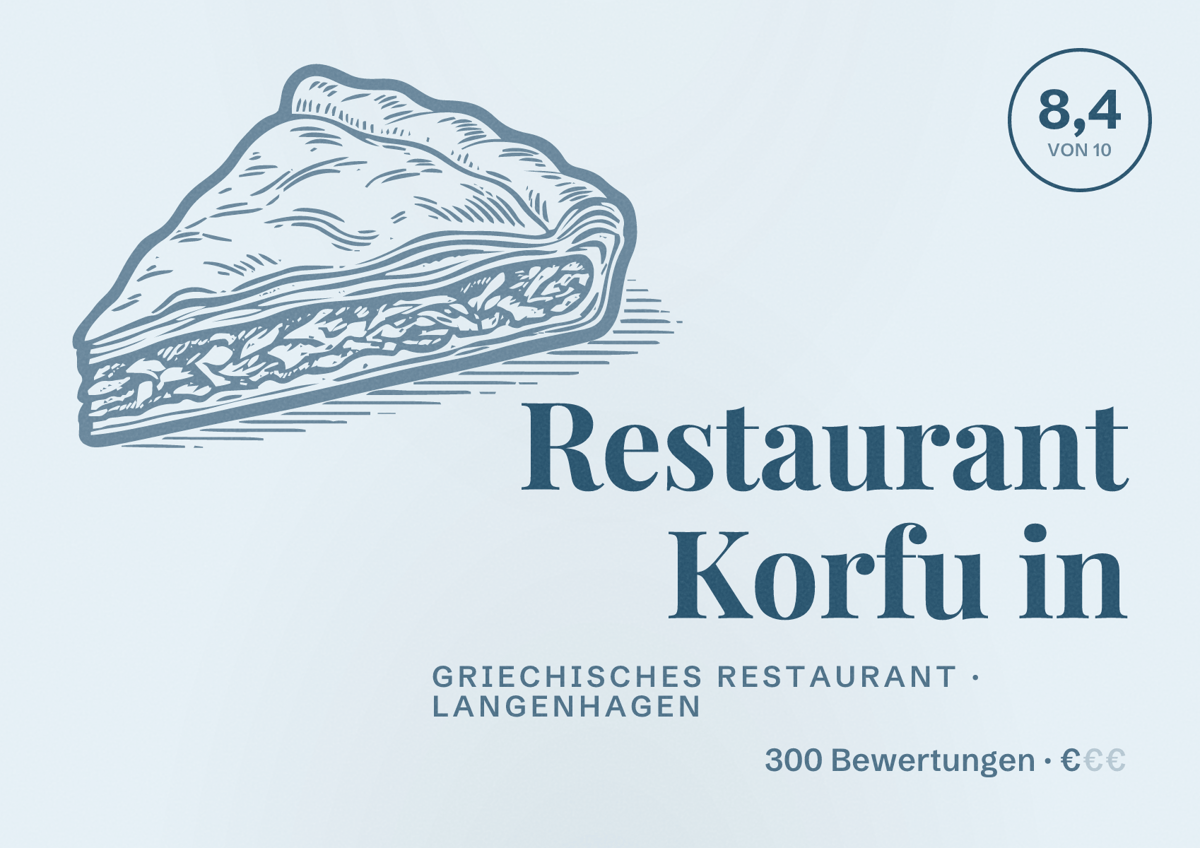 Illustriertes Poster von Restaurant Korfu in, Griechisches Restaurant in Langenhagen: Bewertung 8,4 von 10 aus 300 Bewertungen, Preisniveau €