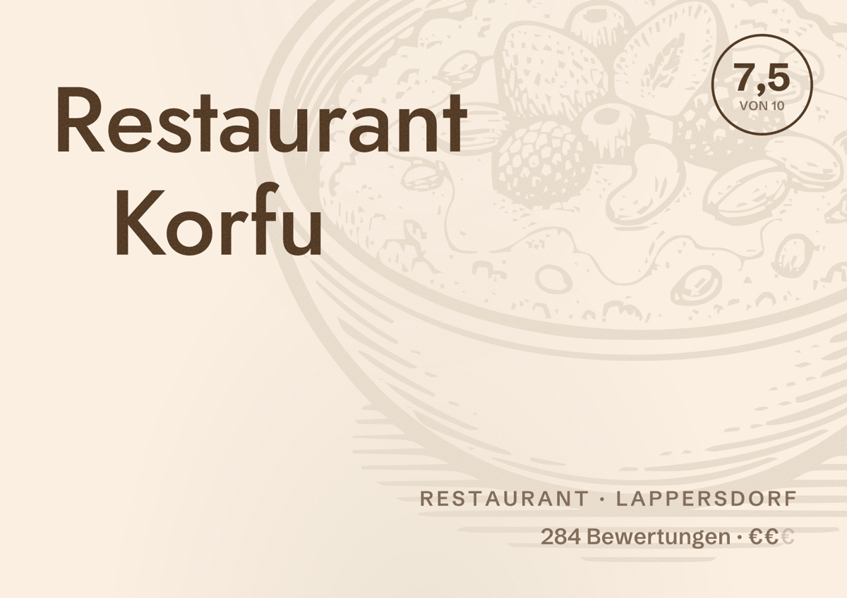 Illustriertes Poster von Restaurant Korfu, Restaurant in Lappersdorf: Bewertung 7,5 von 10 aus 284 Bewertungen, Preisniveau €€