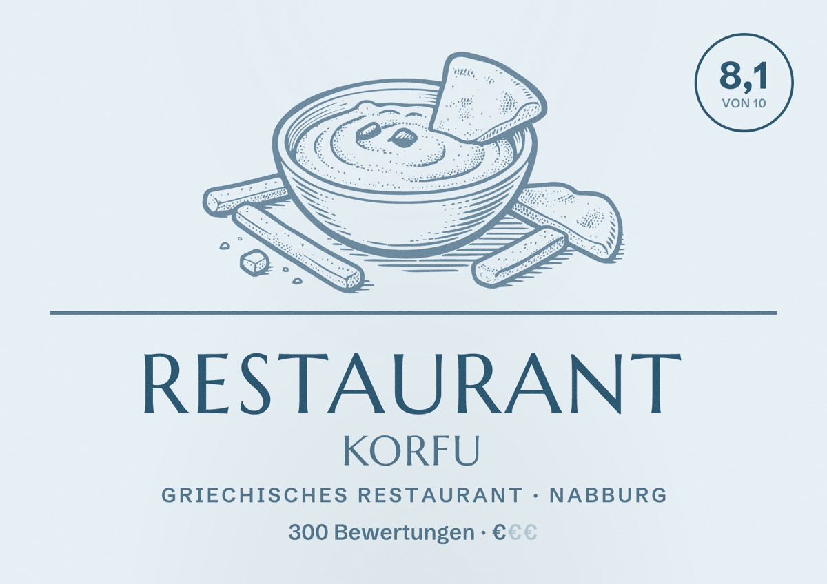 Illustriertes Poster von Restaurant Korfu, Griechisches Restaurant in Nabburg: Bewertung 8,1 von 10 aus 300 Bewertungen, Preisniveau €