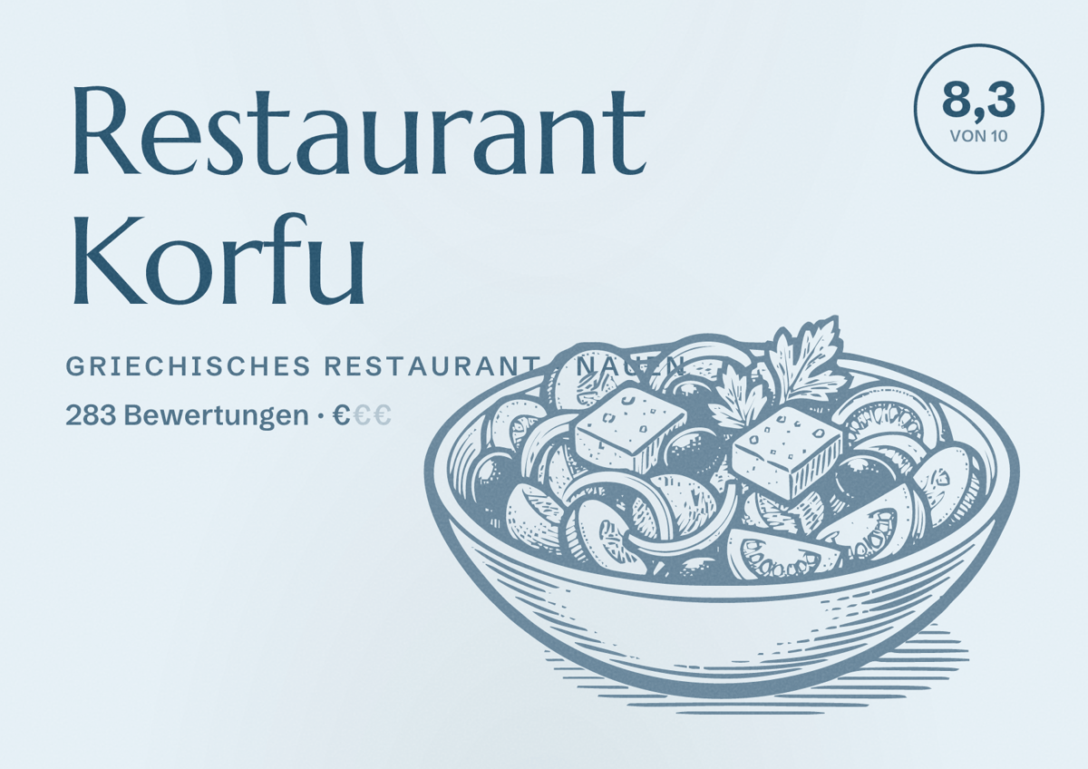 Illustriertes Poster von Restaurant Korfu, Griechisches Restaurant in Nauen: Bewertung 8,3 von 10 aus 283 Bewertungen, Preisniveau €