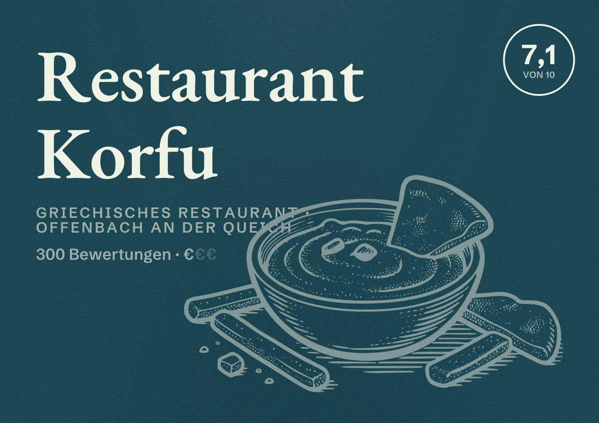 Illustriertes Poster von Restaurant Korfu, Griechisches Restaurant in Offenbach an der Queich: Bewertung 7,1 von 10 aus 300 Bewertungen, Preisniveau €