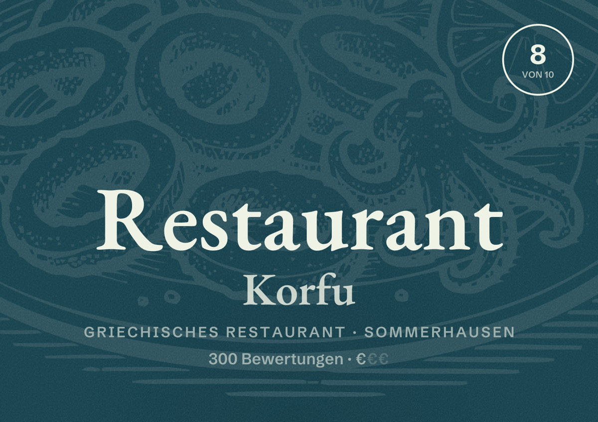 Illustriertes Poster von Restaurant Korfu, Griechisches Restaurant in Sommerhausen: Bewertung 8 von 10 aus 300 Bewertungen, Preisniveau €