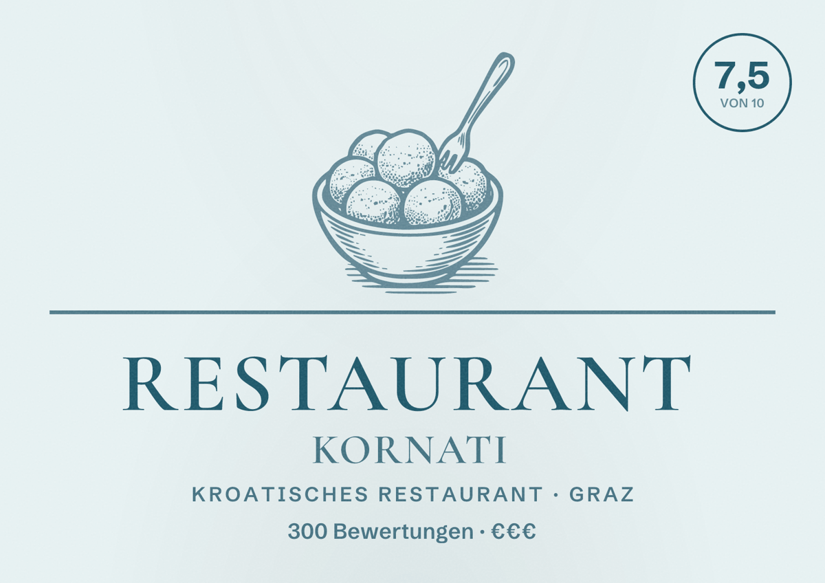 Illustriertes Poster von Restaurant Kornati, Kroatisches Restaurant in Graz: Bewertung 7,5 von 10 aus 300 Bewertungen, Preisniveau €€€