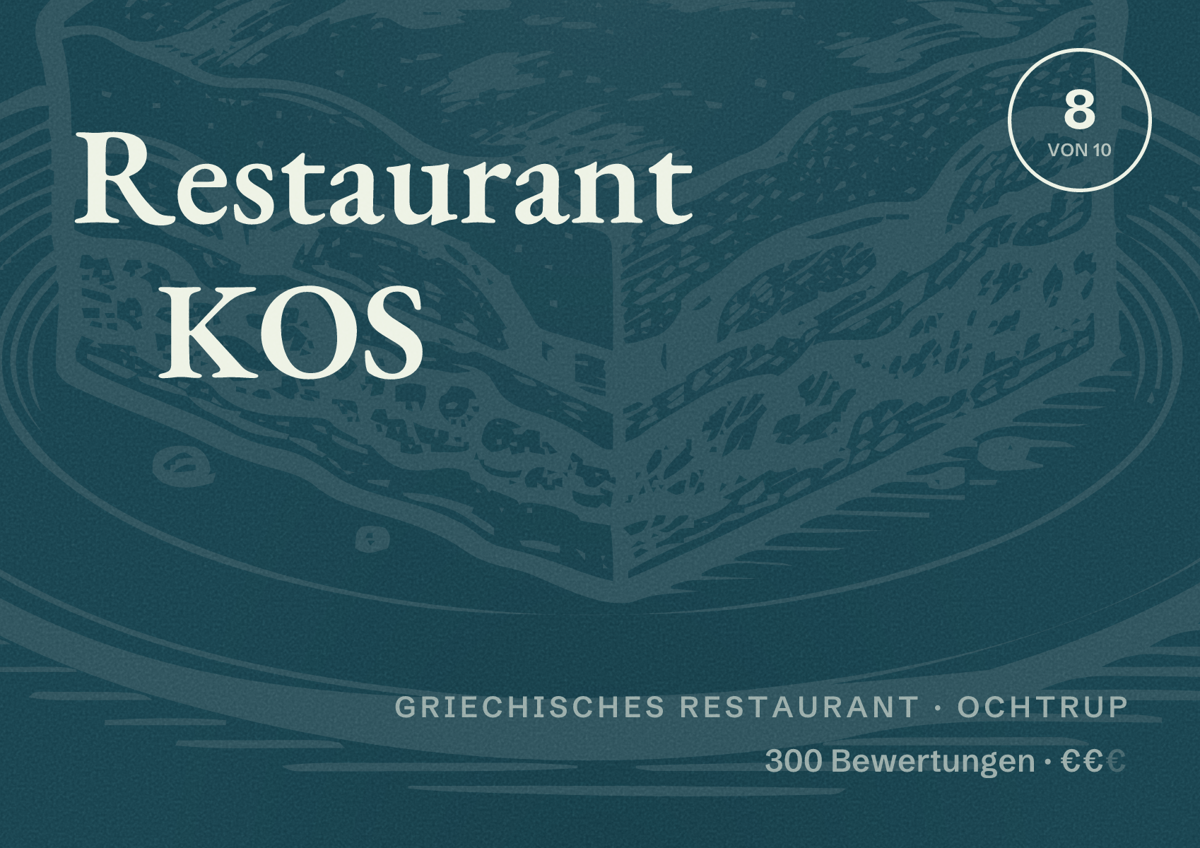 Illustriertes Poster von Restaurant KOS, Griechisches Restaurant in Ochtrup: Bewertung 8 von 10 aus 300 Bewertungen, Preisniveau €€