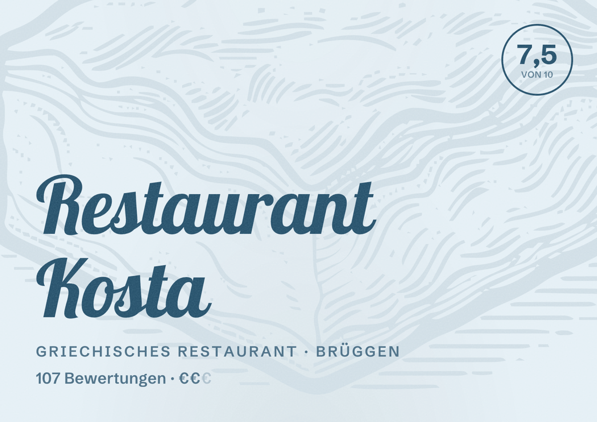 Illustriertes Poster von Restaurant Kosta, Griechisches Restaurant in Brüggen: Bewertung 7,5 von 10 aus 107 Bewertungen, Preisniveau €€