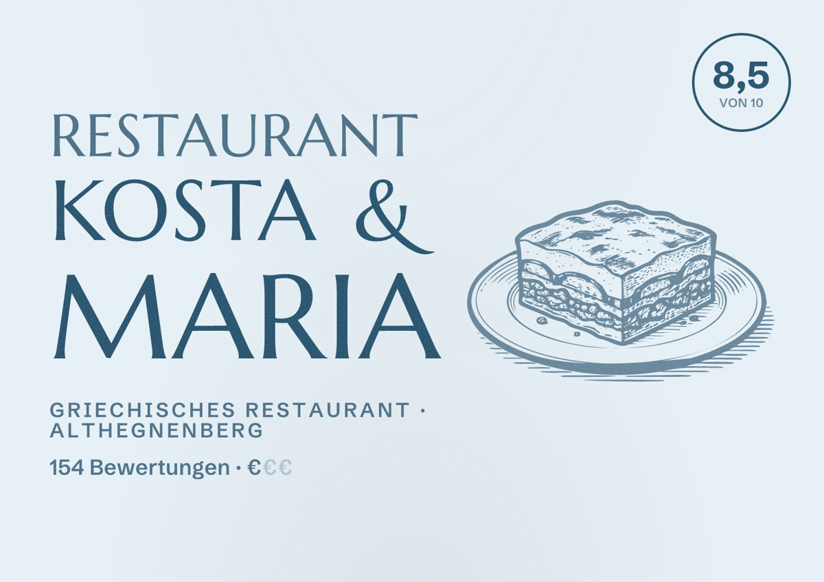 Illustriertes Poster von Restaurant Kosta & Maria, Griechisches Restaurant in Althegnenberg: Bewertung 8,5 von 10 aus 154 Bewertungen, Preisniveau €