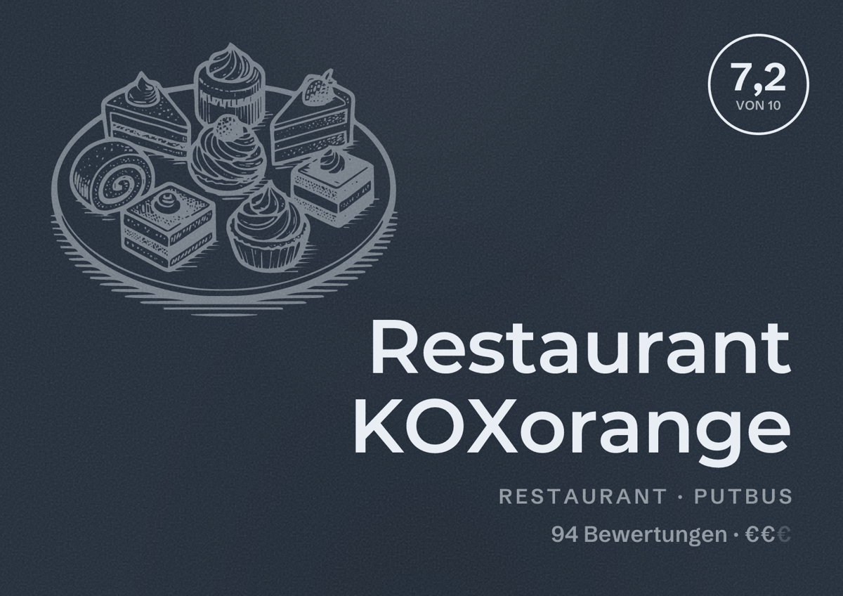 Illustriertes Poster von Restaurant KOXorange, Restaurant in Putbus: Bewertung 7,2 von 10 aus 94 Bewertungen, Preisniveau €€
