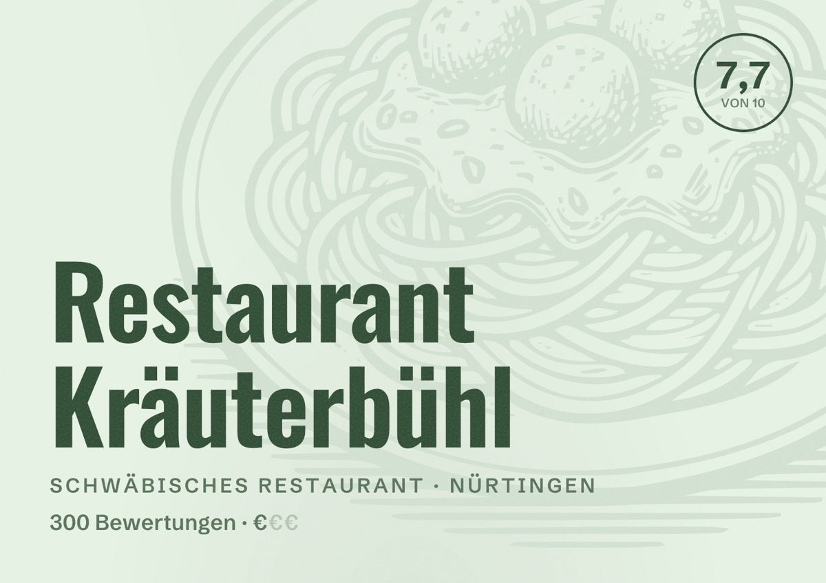 Illustriertes Poster von Restaurant Kräuterbühl, Schwäbisches Restaurant in Nürtingen: Bewertung 7,7 von 10 aus 300 Bewertungen, Preisniveau €