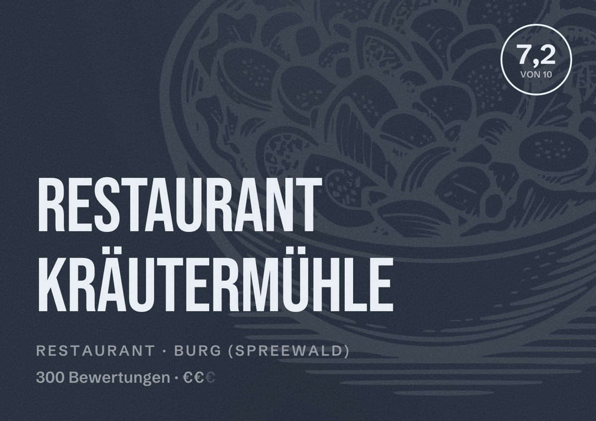 Illustriertes Poster von Restaurant Kräutermühle, Restaurant in Burg (Spreewald): Bewertung 7,2 von 10 aus 300 Bewertungen, Preisniveau €€