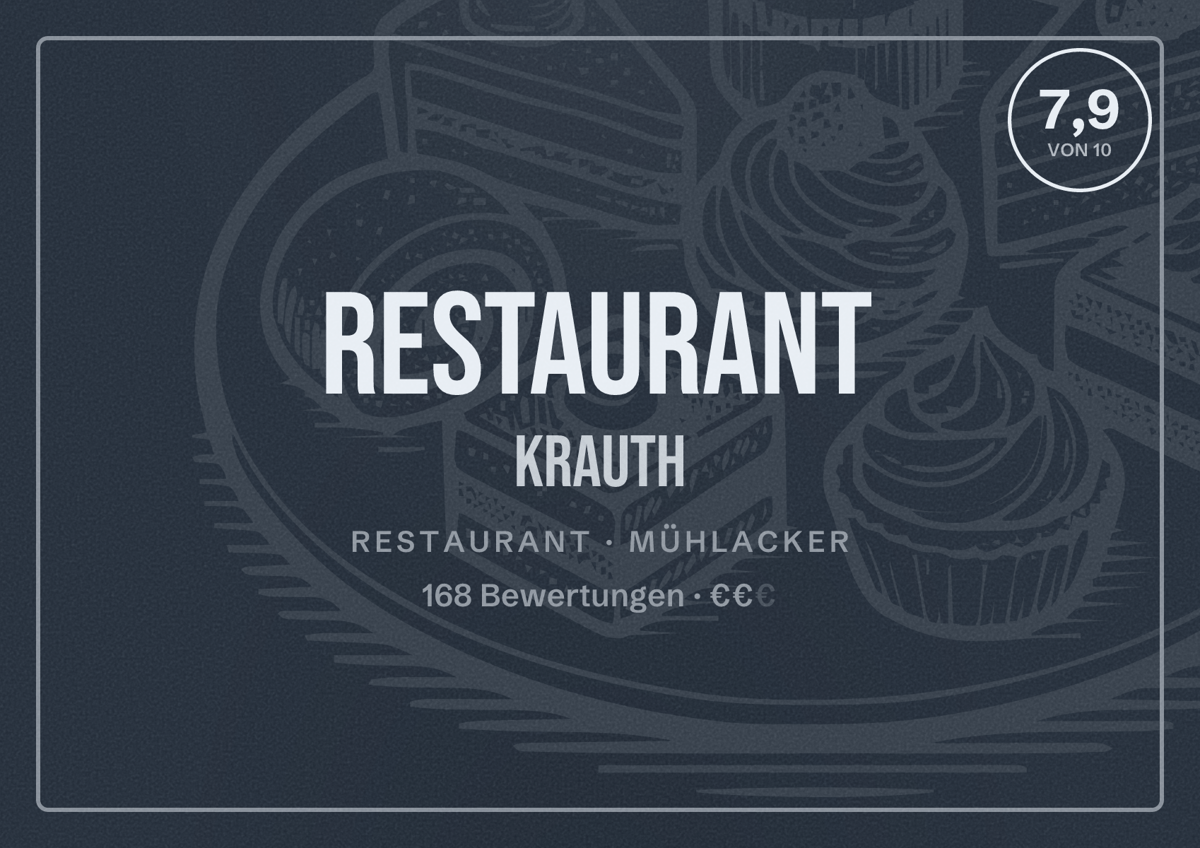Illustriertes Poster von Restaurant Krauth, Restaurant in Mühlacker: Bewertung 7,9 von 10 aus 168 Bewertungen, Preisniveau €€
