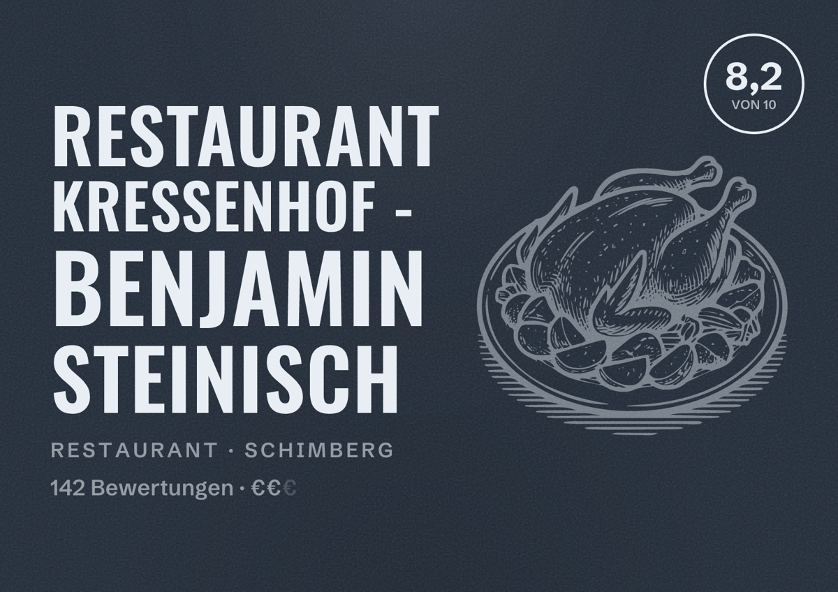 Illustriertes Poster von Restaurant Kressenhof - Benjamin Steinisch, Restaurant in Schimberg: Bewertung 8,2 von 10 aus 142 Bewertungen, Preisniveau €€