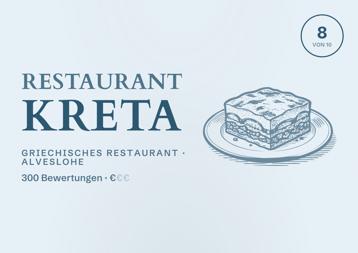 Illustriertes Poster von Restaurant Kreta, Griechisches Restaurant in Alveslohe: Bewertung 8 von 10 aus 300 Bewertungen, Preisniveau €