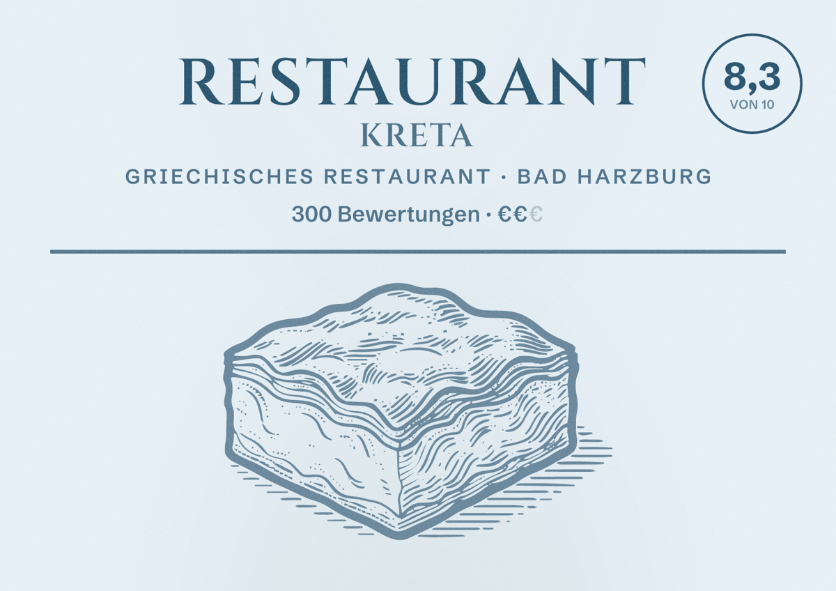 Illustriertes Poster von Restaurant Kreta, Griechisches Restaurant in Bad Harzburg: Bewertung 8,3 von 10 aus 300 Bewertungen, Preisniveau €€