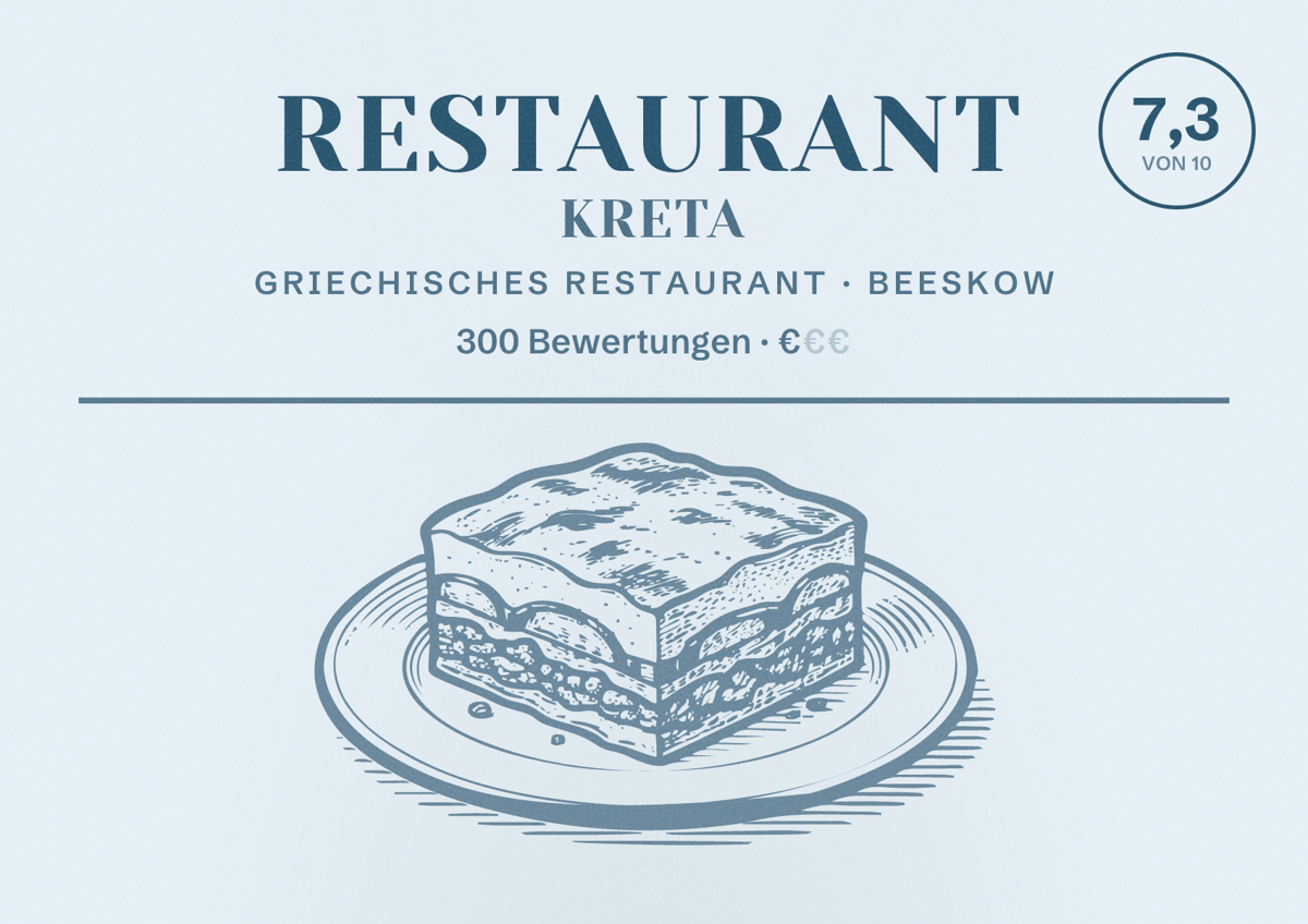 Illustriertes Poster von Restaurant Kreta, Griechisches Restaurant in Beeskow: Bewertung 7,3 von 10 aus 300 Bewertungen, Preisniveau €