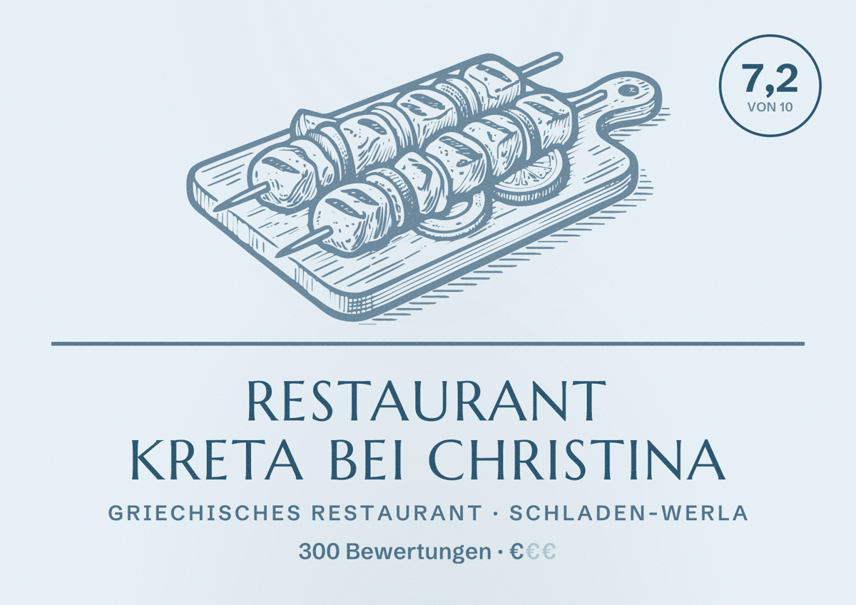 Illustriertes Poster von Restaurant Kreta bei Christina, Griechisches Restaurant in Schladen-Werla: Bewertung 7,2 von 10 aus 300 Bewertungen, Preisniveau €