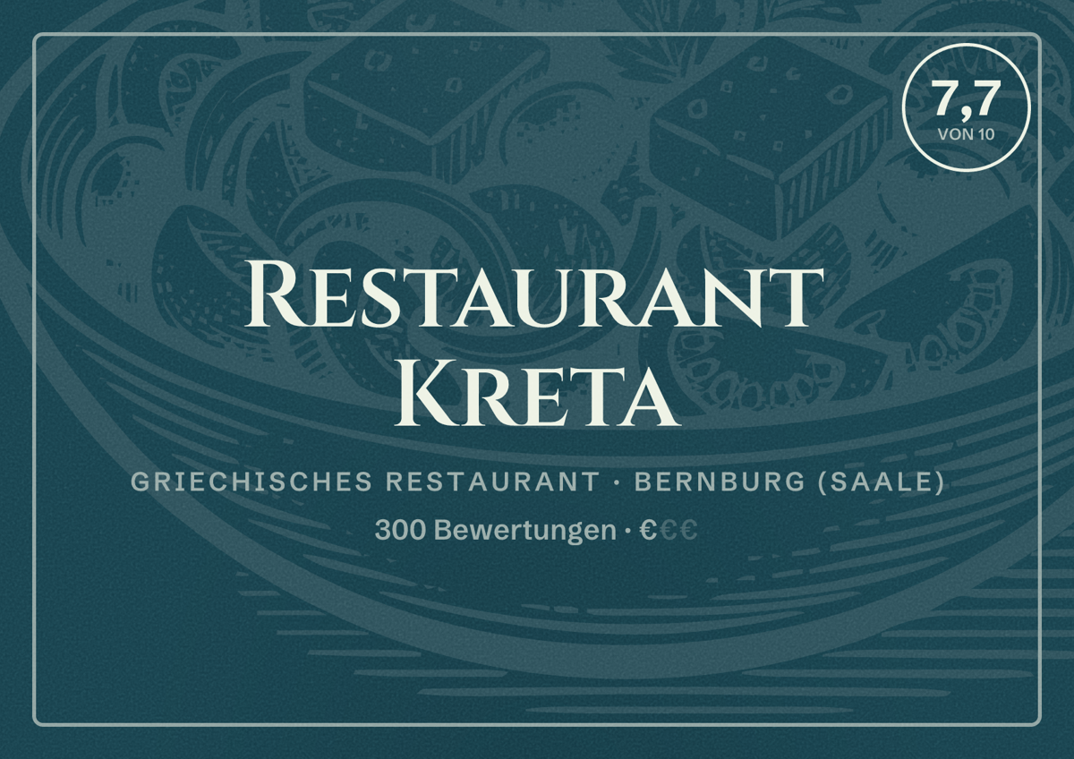 Illustriertes Poster von Restaurant Kreta, Griechisches Restaurant in Bernburg (Saale): Bewertung 7,7 von 10 aus 300 Bewertungen, Preisniveau €