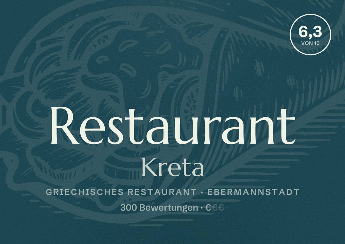 Illustriertes Poster von Restaurant Kreta, Griechisches Restaurant in Ebermannstadt: Bewertung 6,3 von 10 aus 300 Bewertungen, Preisniveau €