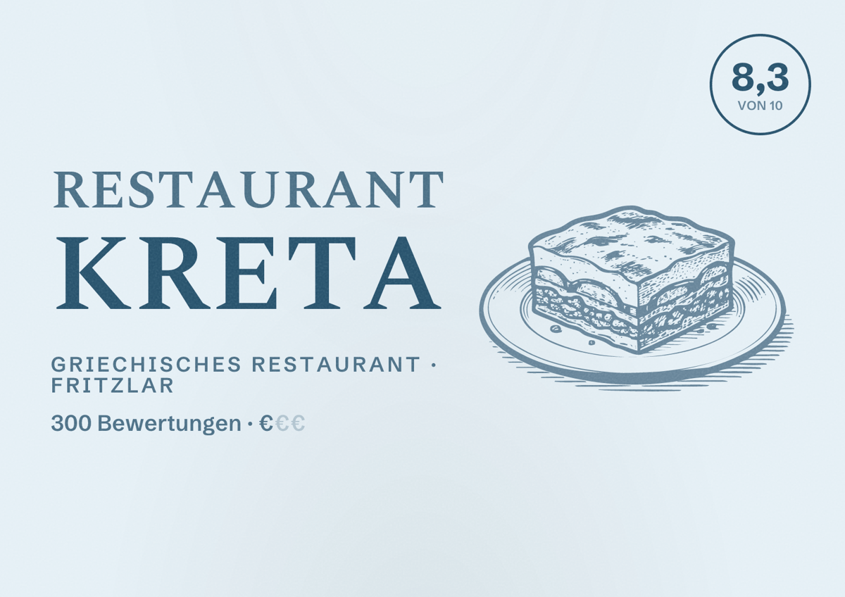 Illustriertes Poster von Restaurant Kreta, Griechisches Restaurant in Fritzlar: Bewertung 8,3 von 10 aus 300 Bewertungen, Preisniveau €