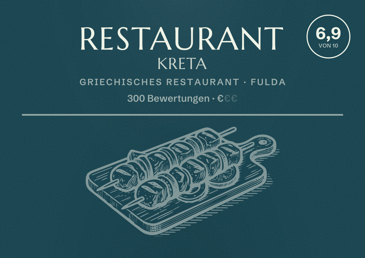 Illustriertes Poster von Restaurant Kreta, Griechisches Restaurant in Fulda: Bewertung 6,9 von 10 aus 300 Bewertungen, Preisniveau €