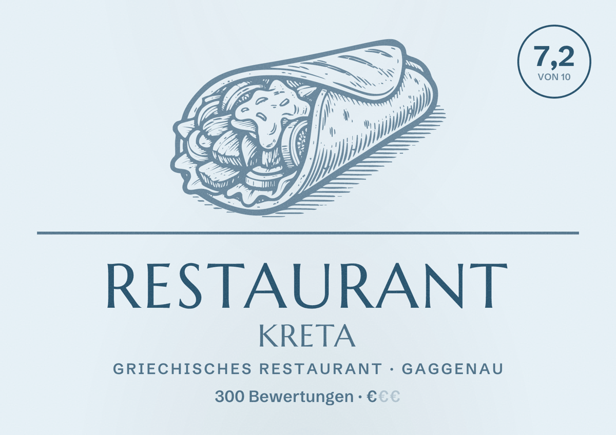 Illustriertes Poster von Restaurant Kreta, Griechisches Restaurant in Gaggenau: Bewertung 7,2 von 10 aus 300 Bewertungen, Preisniveau €