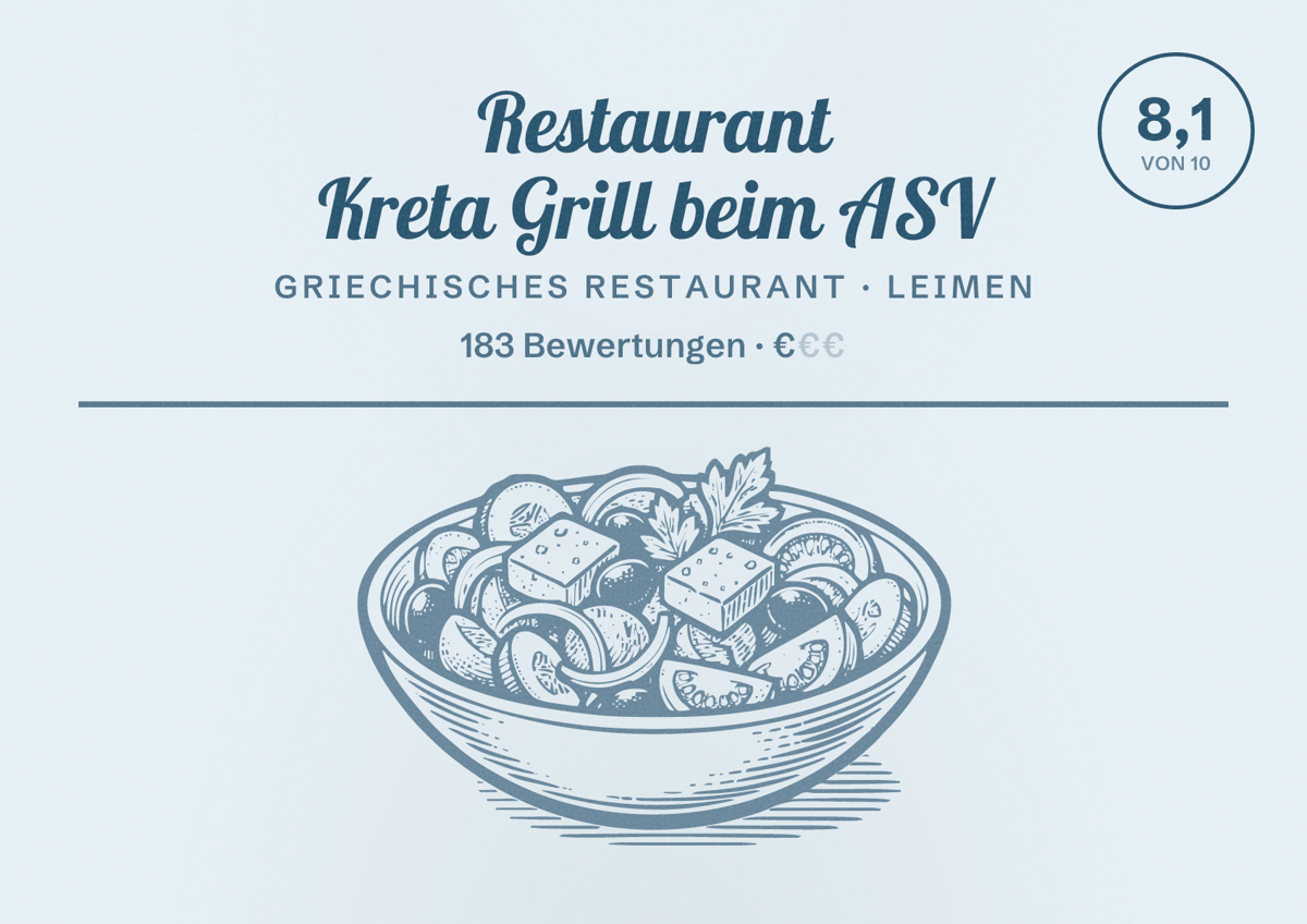 Illustriertes Poster von Restaurant Kreta Grill beim ASV, Griechisches Restaurant in Leimen: Bewertung 8,1 von 10 aus 183 Bewertungen, Preisniveau €