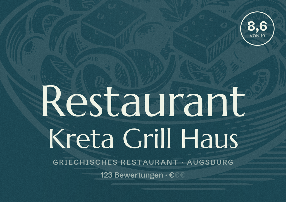 Illustriertes Poster von Restaurant Kreta Grill Haus, Griechisches Restaurant in Augsburg: Bewertung 8,6 von 10 aus 123 Bewertungen, Preisniveau €