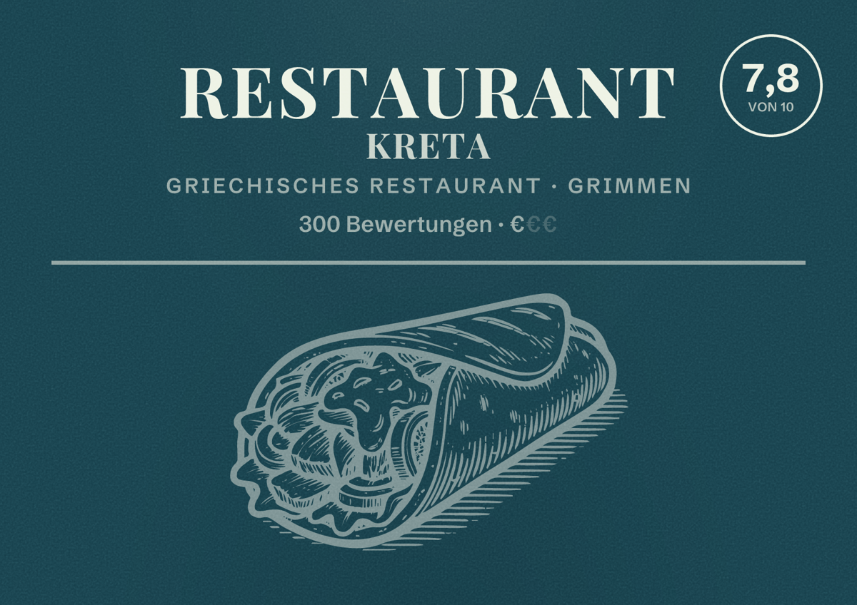 Illustriertes Poster von Restaurant Kreta, Griechisches Restaurant in Grimmen: Bewertung 7,8 von 10 aus 300 Bewertungen, Preisniveau €
