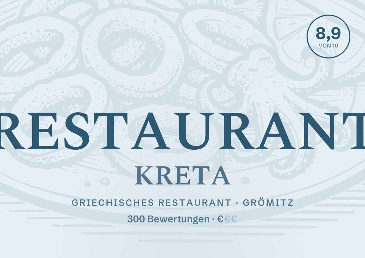 Illustriertes Poster von RESTAURANT KRETA, Griechisches Restaurant in Grömitz: Bewertung 8,9 von 10 aus 300 Bewertungen, Preisniveau €