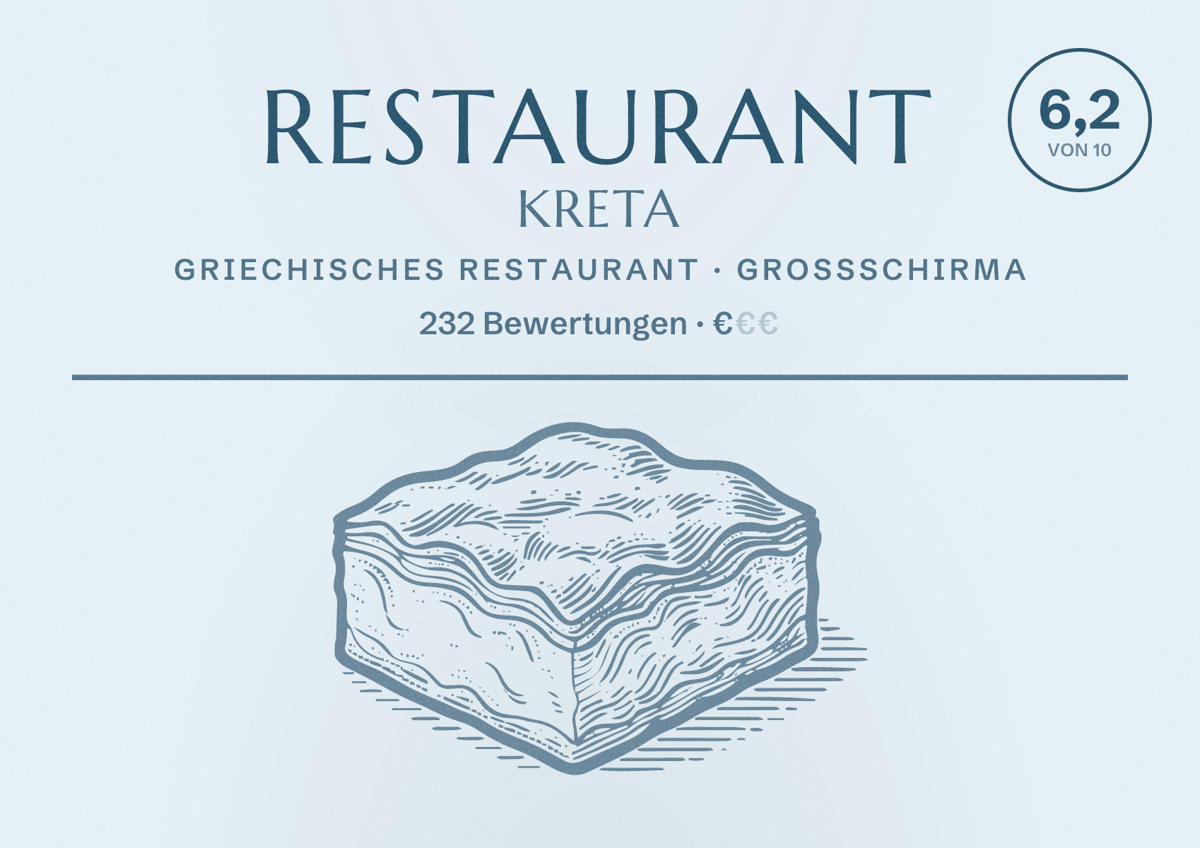 Illustriertes Poster von Restaurant Kreta, Griechisches Restaurant in Großschirma: Bewertung 6,2 von 10 aus 232 Bewertungen, Preisniveau €