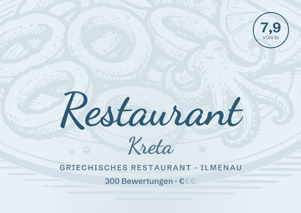 Illustriertes Poster von Restaurant Kreta, Griechisches Restaurant in Ilmenau: Bewertung 7,9 von 10 aus 300 Bewertungen, Preisniveau €