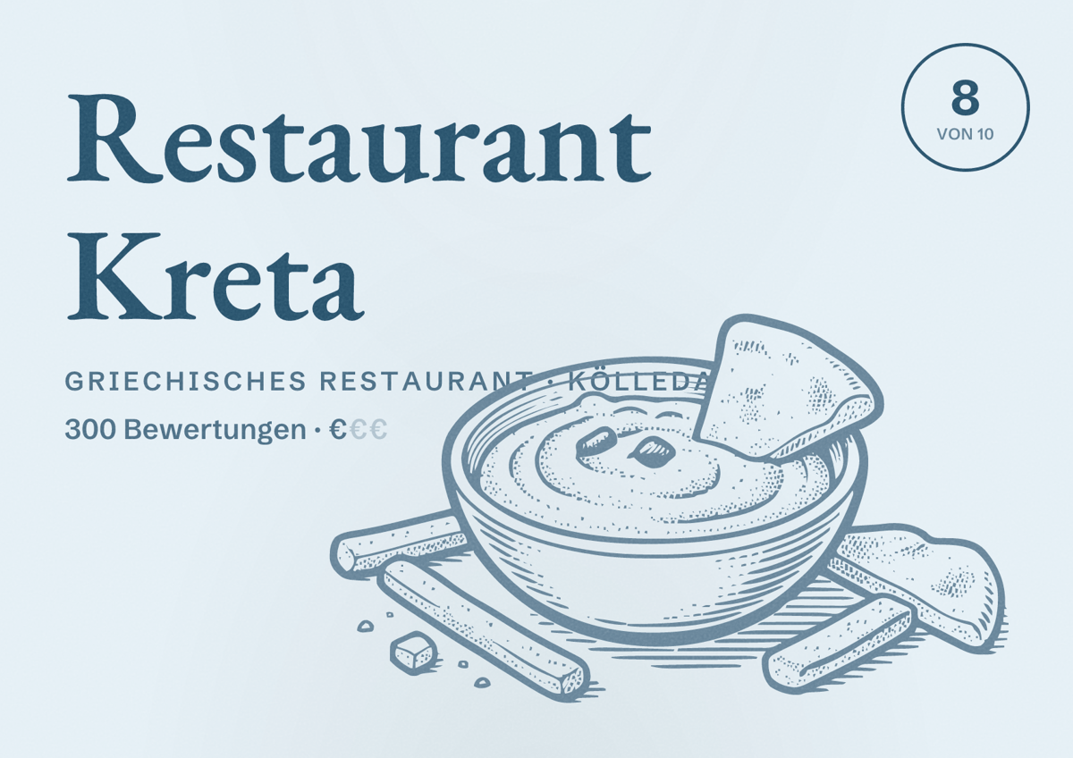 Illustriertes Poster von Restaurant Kreta, Griechisches Restaurant in Kölleda: Bewertung 8 von 10 aus 300 Bewertungen, Preisniveau €