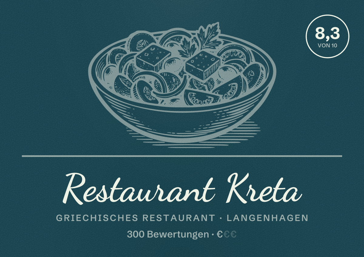 Illustriertes Poster von Restaurant Kreta, Griechisches Restaurant in Langenhagen: Bewertung 8,3 von 10 aus 300 Bewertungen, Preisniveau €