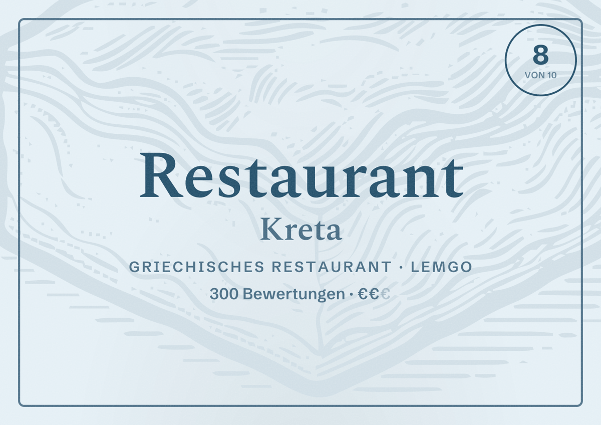 Illustriertes Poster von Restaurant Kreta, Griechisches Restaurant in Lemgo: Bewertung 8 von 10 aus 300 Bewertungen, Preisniveau €€
