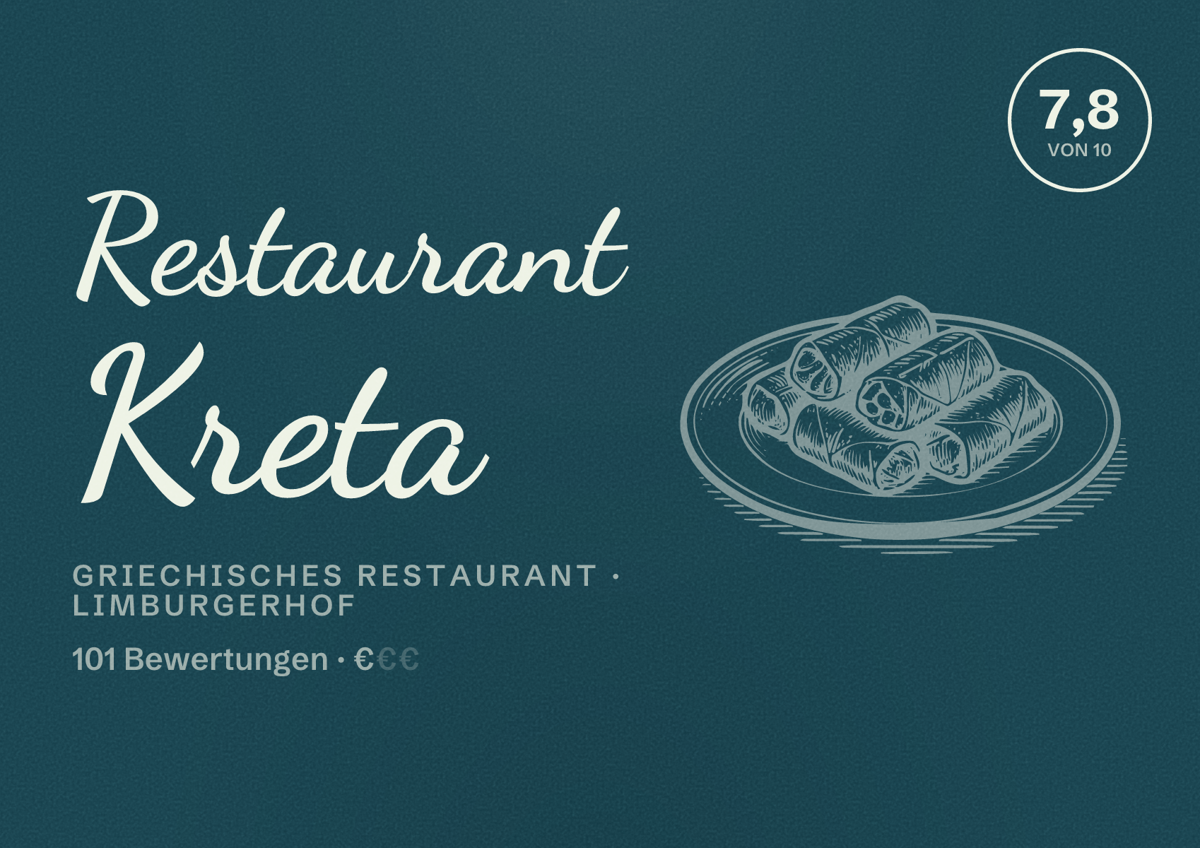 Illustriertes Poster von Restaurant Kreta, Griechisches Restaurant in Limburgerhof: Bewertung 7,8 von 10 aus 101 Bewertungen, Preisniveau €