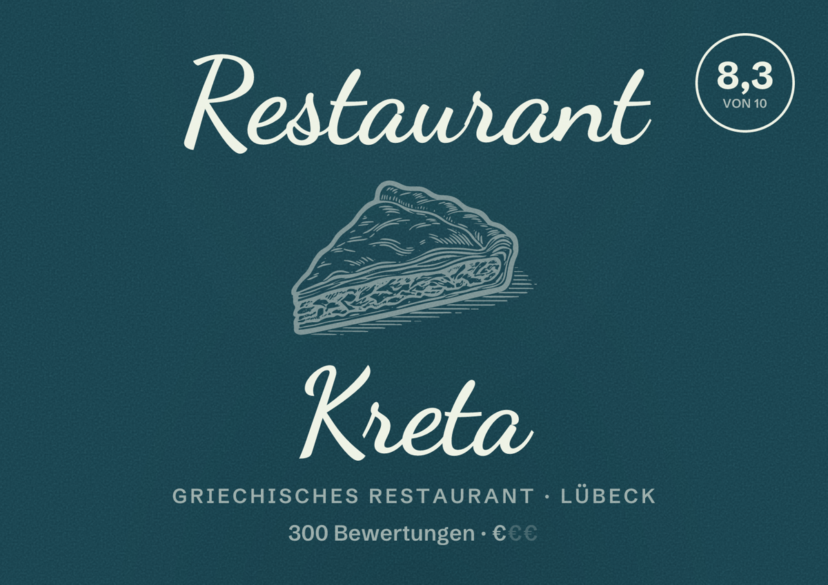 Illustriertes Poster von Restaurant Kreta, Griechisches Restaurant in Lübeck: Bewertung 8,3 von 10 aus 300 Bewertungen, Preisniveau €