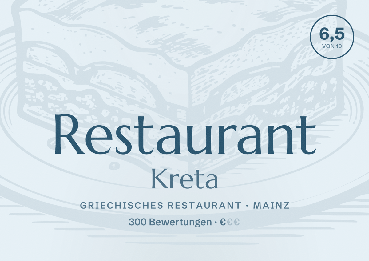 Illustriertes Poster von Restaurant Kreta, Griechisches Restaurant in Mainz: Bewertung 6,5 von 10 aus 300 Bewertungen, Preisniveau €