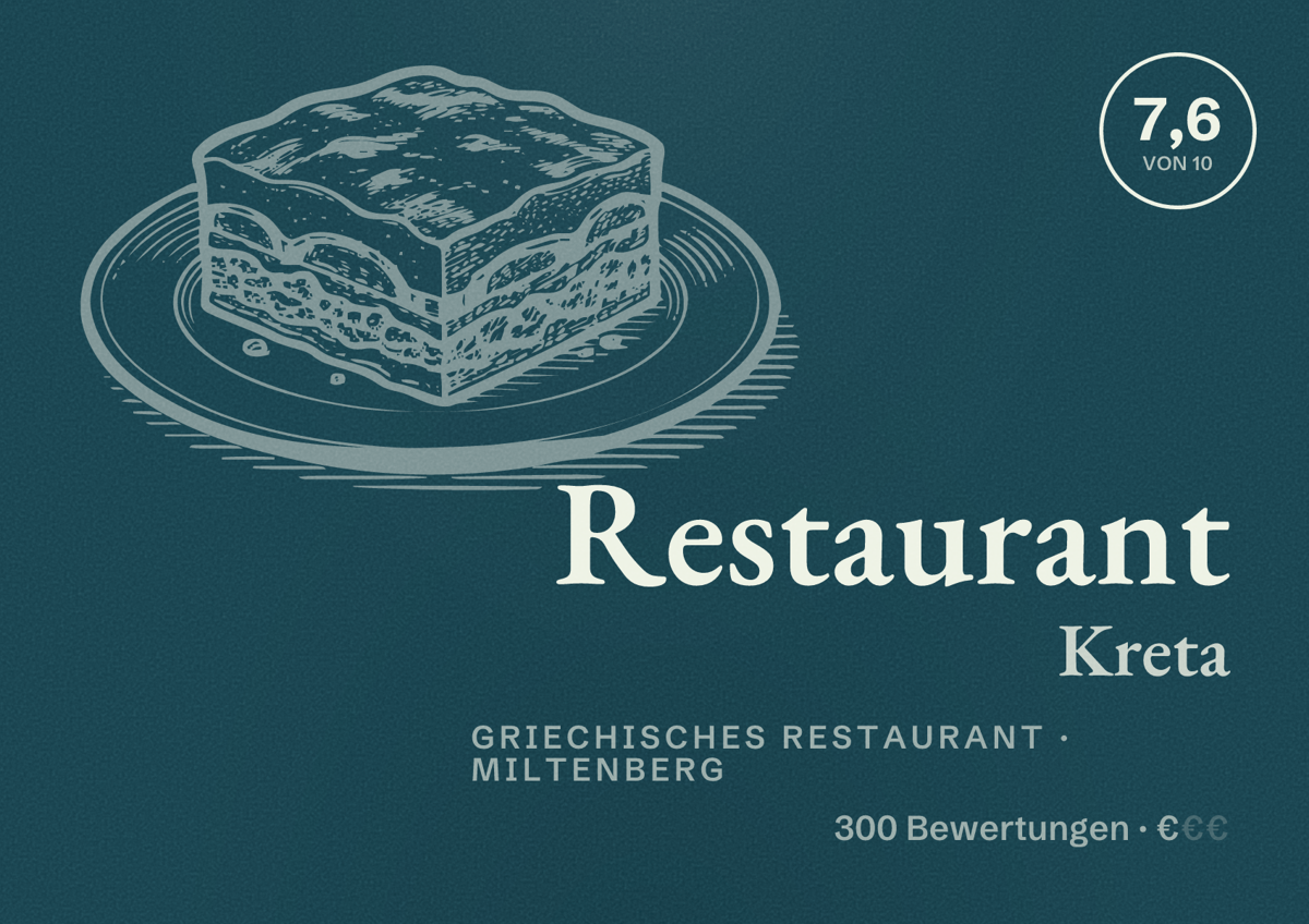 Illustriertes Poster von Restaurant Kreta, Griechisches Restaurant in Miltenberg: Bewertung 7,6 von 10 aus 300 Bewertungen, Preisniveau €