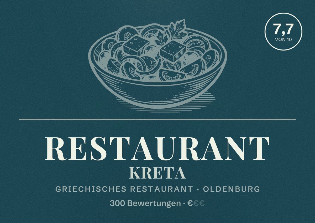 Illustriertes Poster von Restaurant Kreta, Griechisches Restaurant in Oldenburg: Bewertung 7,7 von 10 aus 300 Bewertungen, Preisniveau €