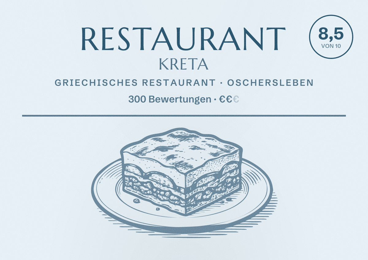 Illustriertes Poster von Restaurant Kreta, Griechisches Restaurant in Oschersleben: Bewertung 8,5 von 10 aus 300 Bewertungen, Preisniveau €€