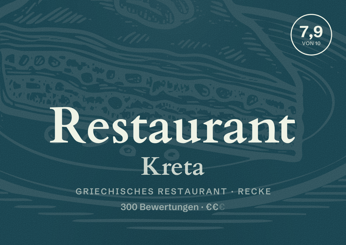 Illustriertes Poster von Restaurant Kreta, Griechisches Restaurant in Recke: Bewertung 7,9 von 10 aus 300 Bewertungen, Preisniveau €€